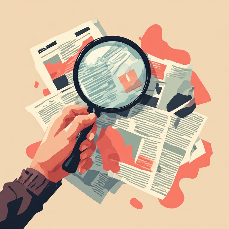 Flat editorial vector illustration of a hand holding a magnifying glass over a cluster of news cards, warm cream background with coral accents, lots of negative space