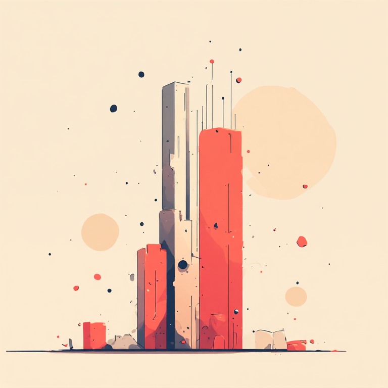 Flat vector illustration of a wobbling bar chart balanced on a single thin column, coral accent, cream background, suggesting a fragile market