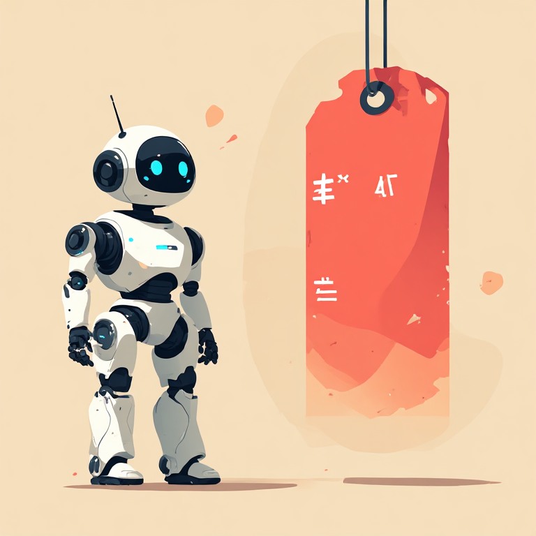 Flat vector illustration of a small robot assistant standing beside a price tag, coral accent on the tag, cream background