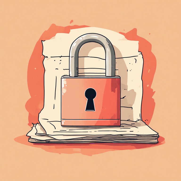 Flat vector illustration of a padlock over a folder of documents with a closed gate, coral accent, cream background