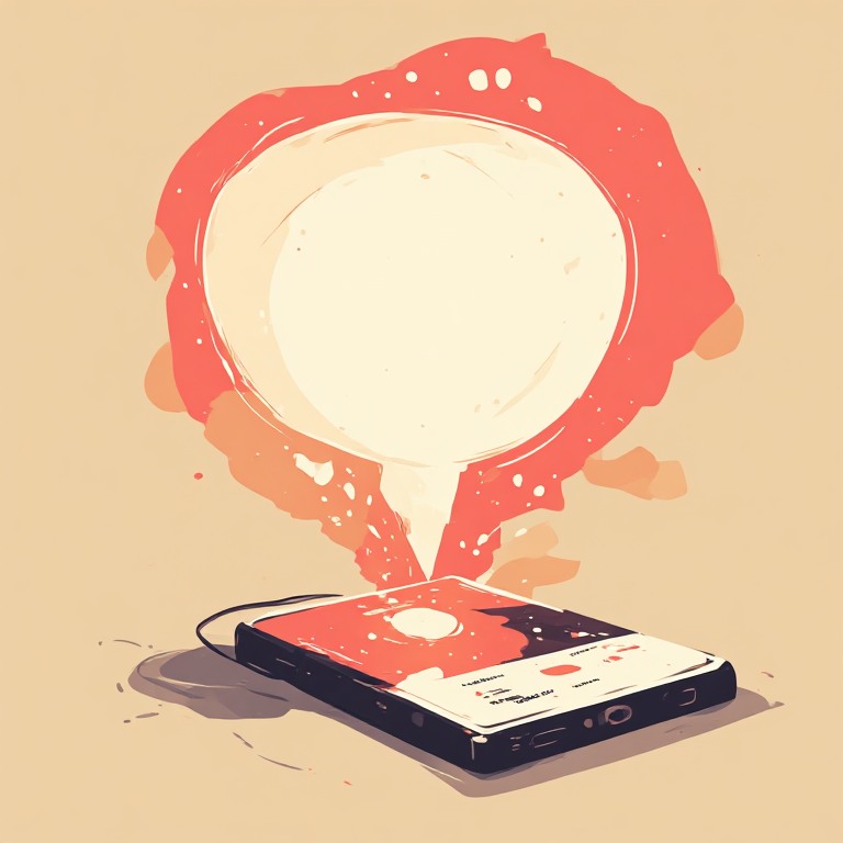 Flat vector illustration of a glowing speech bubble emerging from a smartphone, suggesting a voice assistant, coral accent, cream background