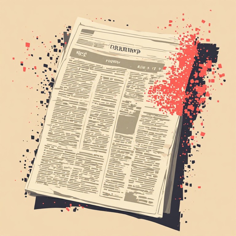 Flat vector illustration of a newspaper page dissolving into scattered pixels, coral accent, cream background, suggesting AI-generated content