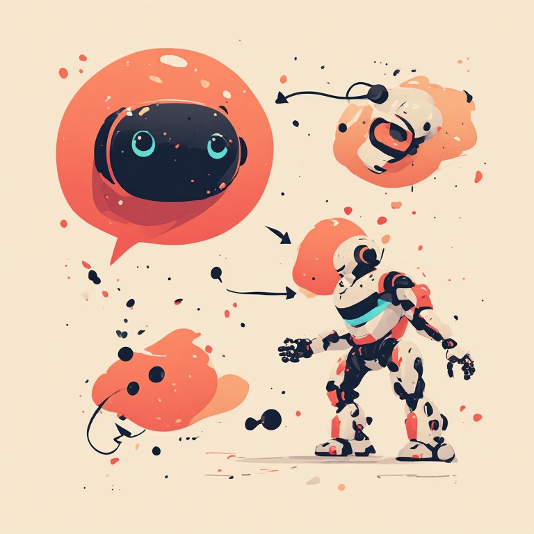 Flat vector illustration of a chat speech bubble transforming into a robotic agent figure carrying out tasks, coral accent on cream