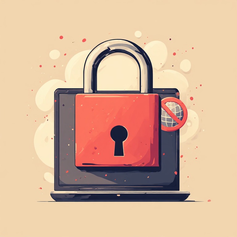 Flat vector illustration of a padlock over a glowing screen with a blocked web globe icon, representing a data lockdown switch, coral accent on cream