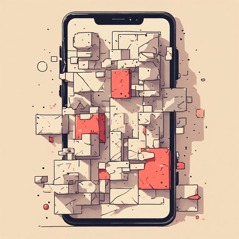 Flat vector illustration of building blocks assembling into an app on a screen with no code visible, representing no-code tools, coral accent on cream