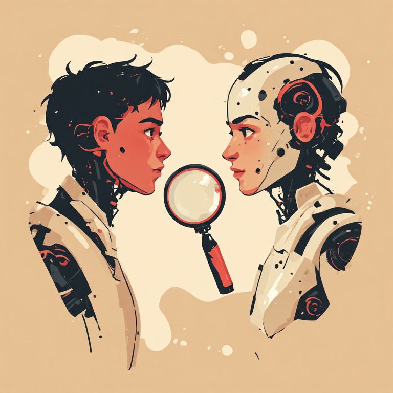 Flat vector illustration of two near-identical portrait frames, one human and one synthetic, hard to tell apart, with a faint label tag, coral accent on cream