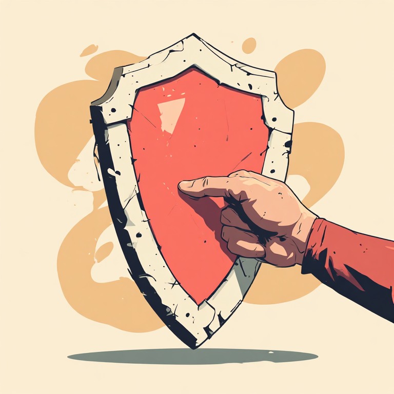 Flat vector illustration of a shield being bent and reshaped by an oversized hand, representing safety rules turned into pressure, coral accent on cream