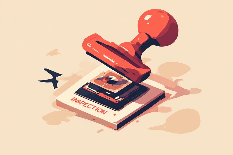 Flat editorial vector illustration of an aircraft-style inspection stamp over an AI chip, representing government testing and regulation of powerful AI models
