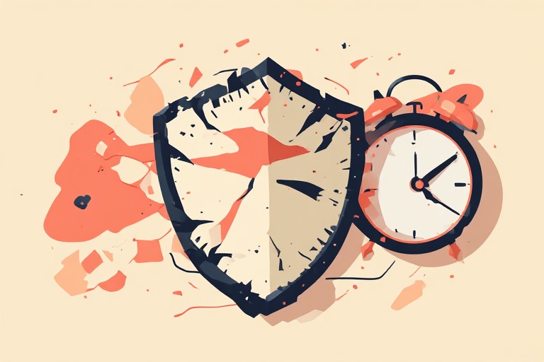 Flat editorial vector illustration of a software patch shield cracking open with a fast clock, representing AI turning security patches into exploits within hours