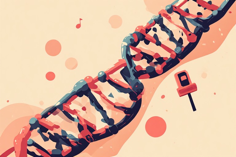Flat editorial vector illustration of a musical note wrapped in a DNA strand with a tracking marker, representing tracing how AI uses artists' work