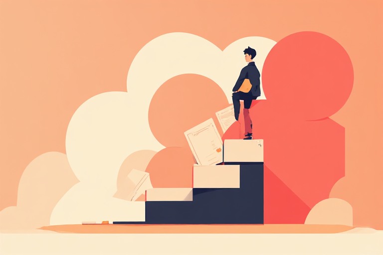 Flat vector illustration of three stacked learning steps or course cards rising upward, a figure climbing them, cream tones with one coral highlight
