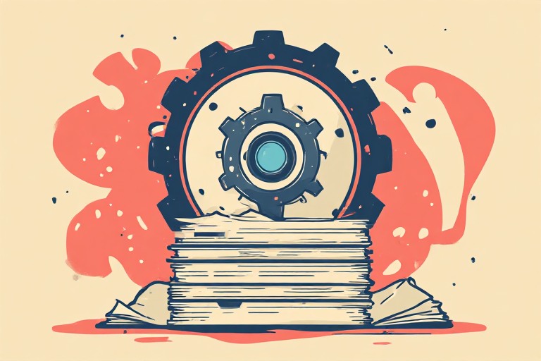 Flat vector illustration of an AI agent gear inside a protective shield guarding a stack of document files, cream tones with one coral accent