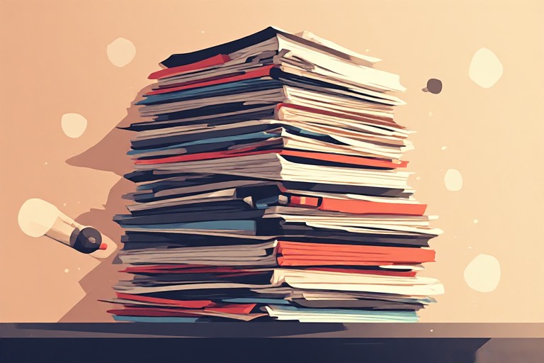 A large stack of documents being searched and indexed by a research tool, cream background with coral highlight