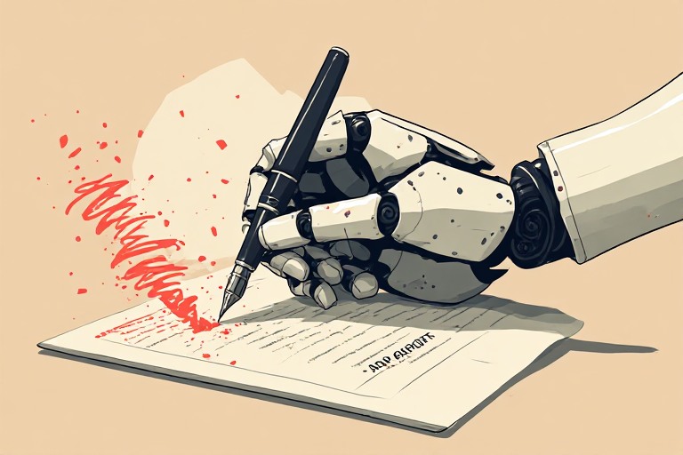 Flat editorial vector illustration of a paper report with a coral crack running through it, symbolising fabricated AI case studies falling apart