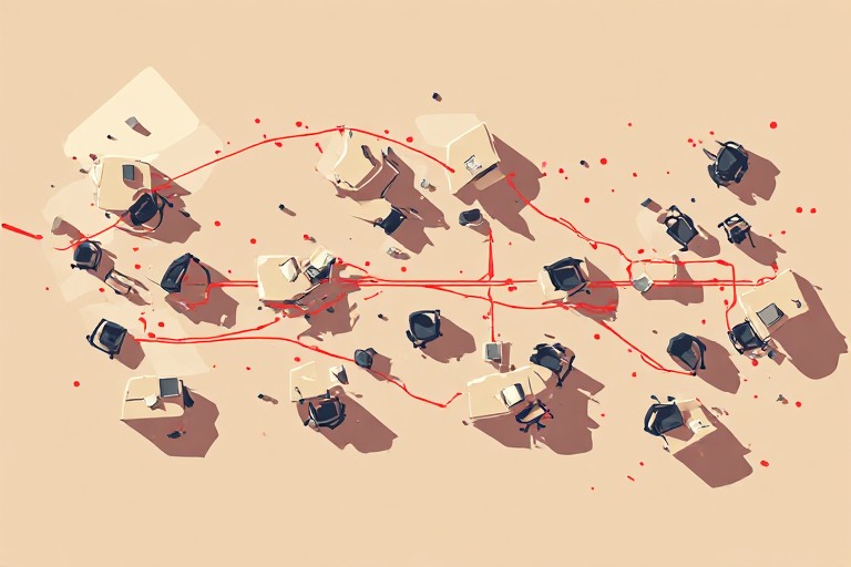 Flat editorial vector illustration of scattered puzzle pieces being assembled into one clear path, representing focused AI strategy over random experiments