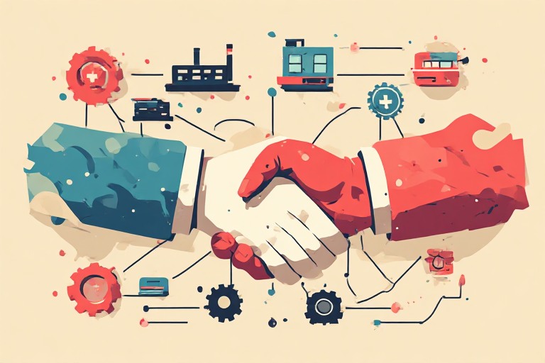 Flat editorial vector illustration of interlocking network nodes linking a central hub to partner shapes, representing an AI partner network