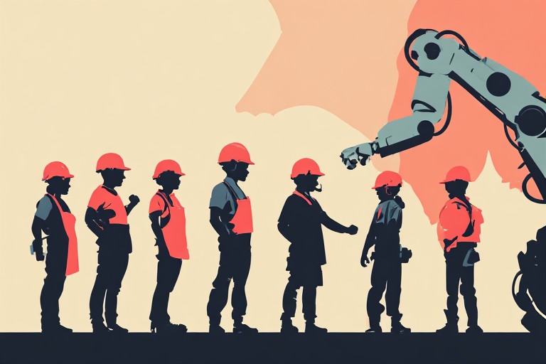 Flat editorial vector illustration of a group of figures under a raised banner, representing union workers organising over AI and jobs