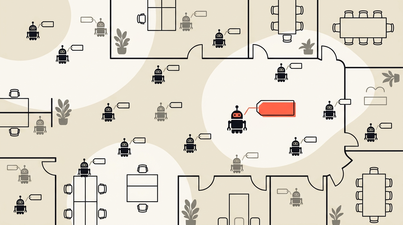 Flat editorial vector illustration of many small robot agent icons scattered across a floor plan with most missing an owner tag and one marked in coral, representing unowned AI agents