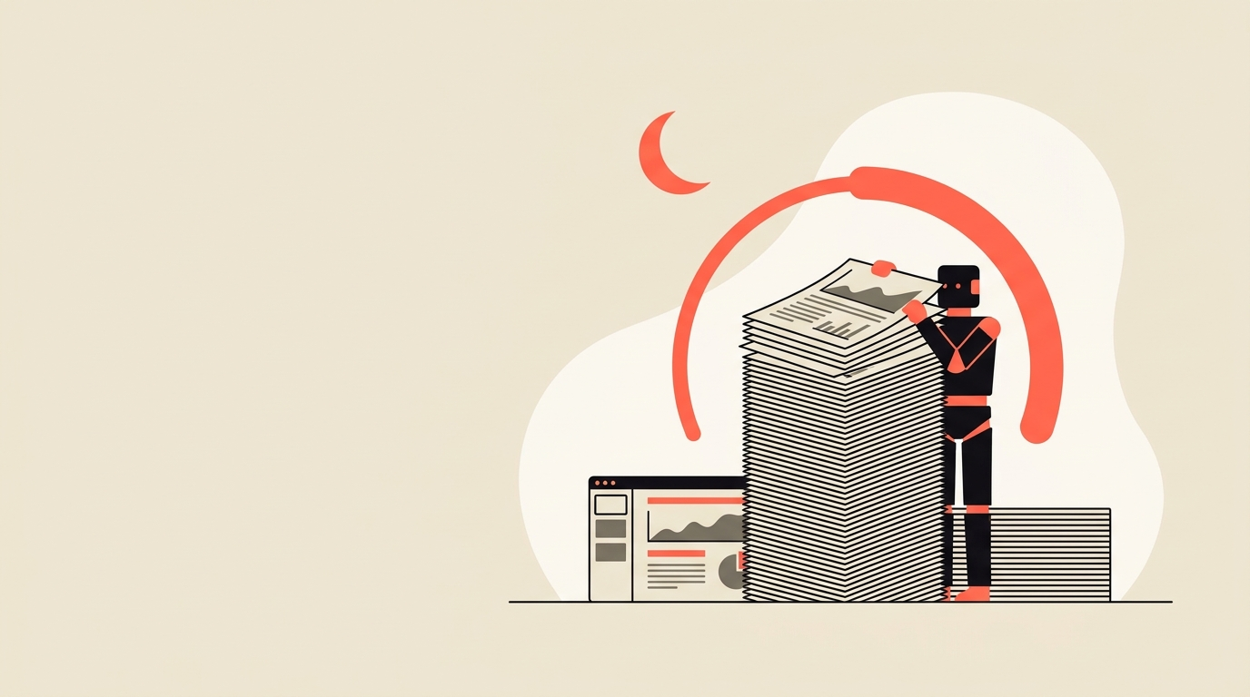 Flat editorial vector illustration of a tall stack of report pages and a slide deck being assembled by an autonomous agent overnight, with a coral progress arc, representing a 100-page AI report