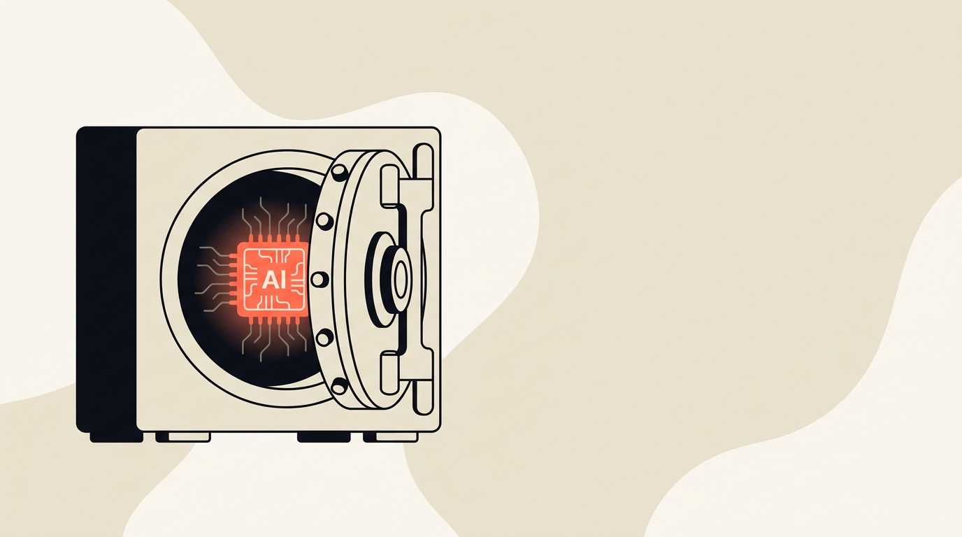 Flat editorial vector illustration of a small business safe holding a glowing coral AI core, representing a company owning its own AI capability or token capital