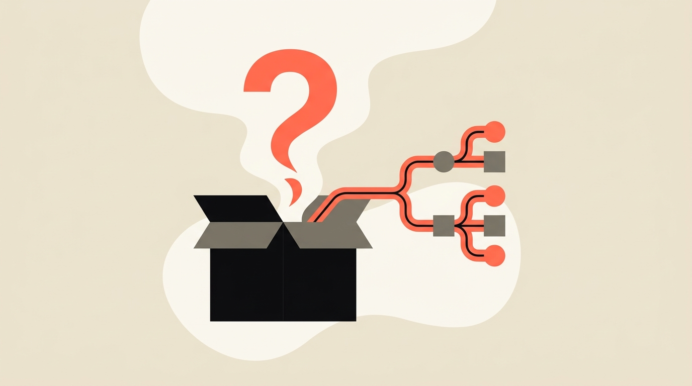 Flat editorial vector illustration of a black box being opened with a coral question mark and a clear decision path emerging, representing AI explainability