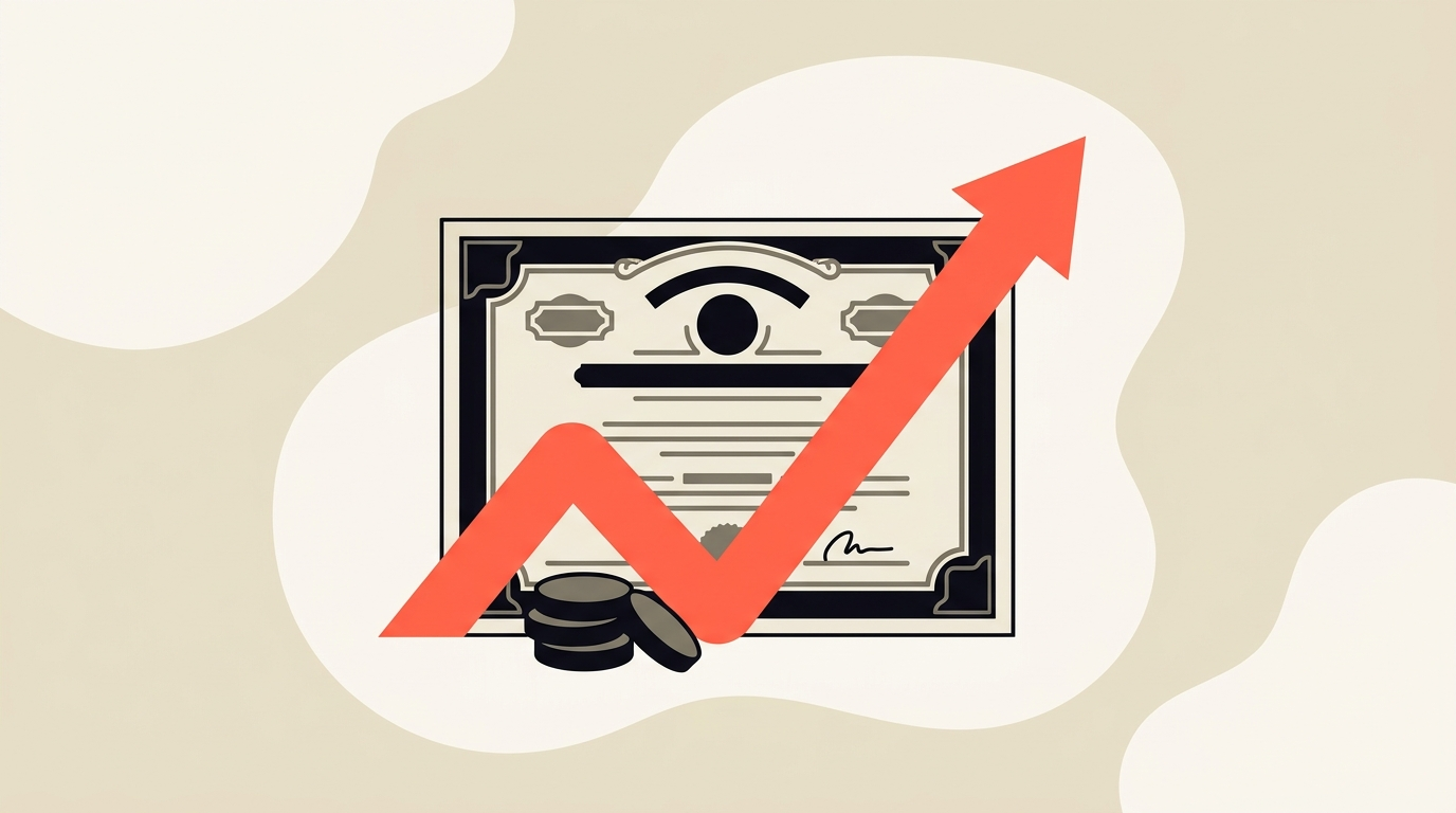 Flat editorial vector illustration of a large bond certificate with a rising coral demand curve and stacked coins, representing Nvidia's $25 billion bond sale