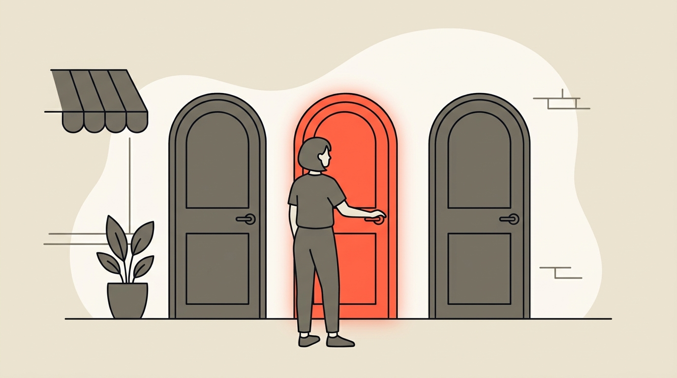 A small business owner calmly choosing between three near-identical doorways