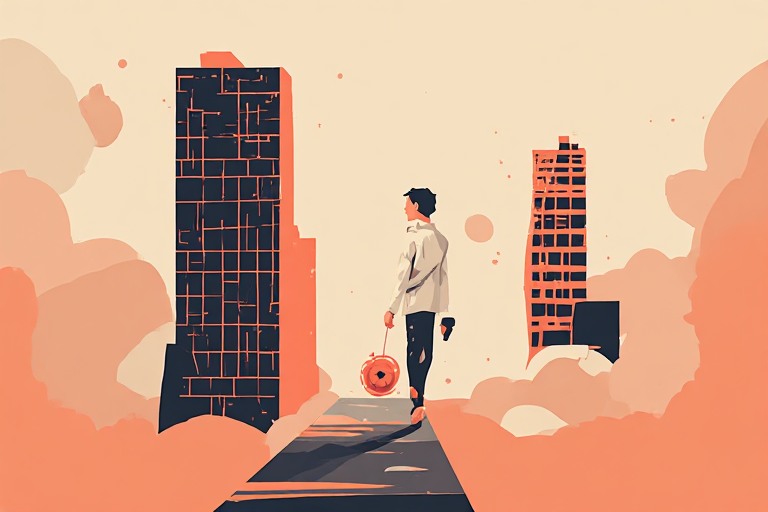 Flat vector illustration of a researcher figure moving between two abstract buildings, a Nobel medal shape in coral, symbolising a top scientist changing companies