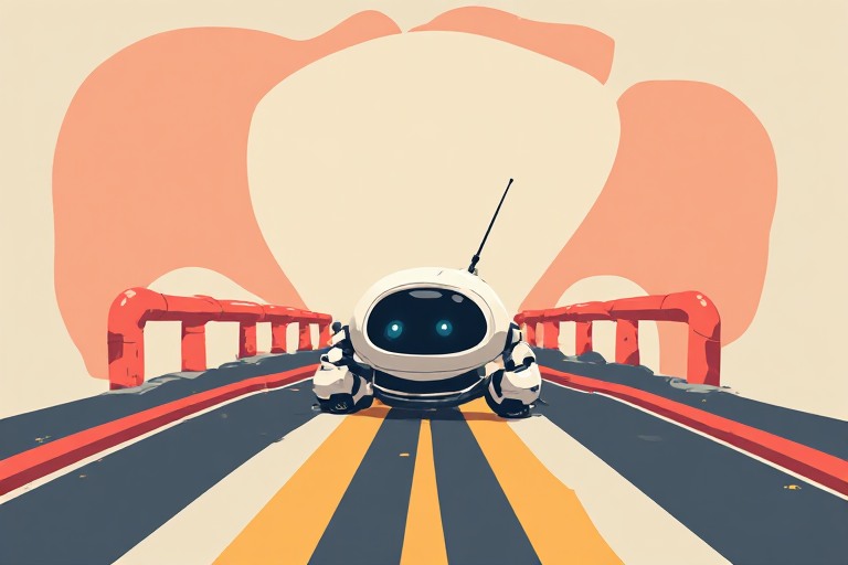 Flat vector illustration of a small robot figure inside a bounded lane with dual control handles, a coral guardrail, representing safety controls for AI agents