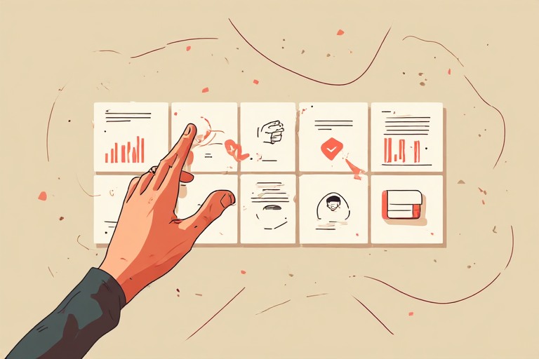 Flat vector illustration of a hand choosing one labelled tool from a row on a control dashboard, a coral checkmark, representing selecting enterprise AI software