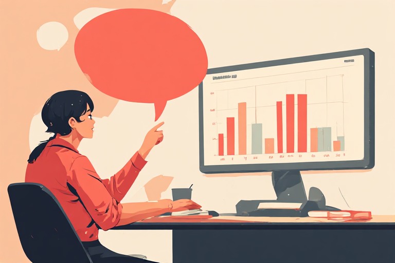 Flat vector illustration of an office worker speaking a question to a simple chat panel that returns a chart, a coral speech bubble, representing an internal data assistant