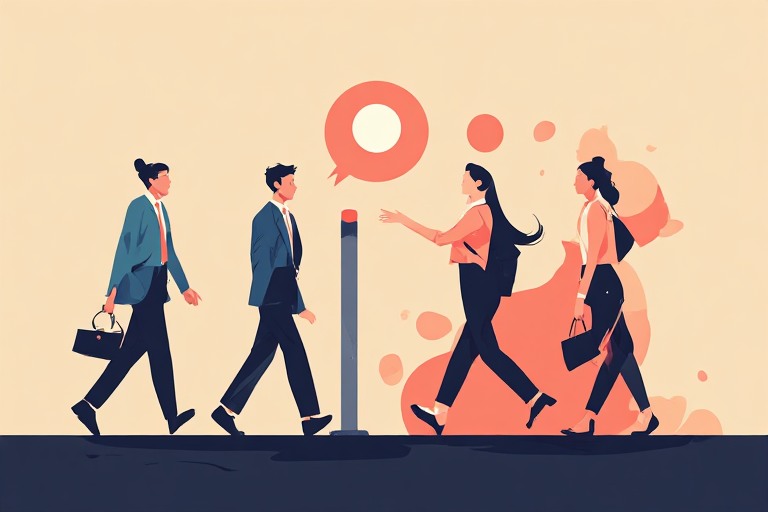 flat editorial vector illustration of office workers receiving a chat assistant icon behind a lowered barrier, coral accent on cream