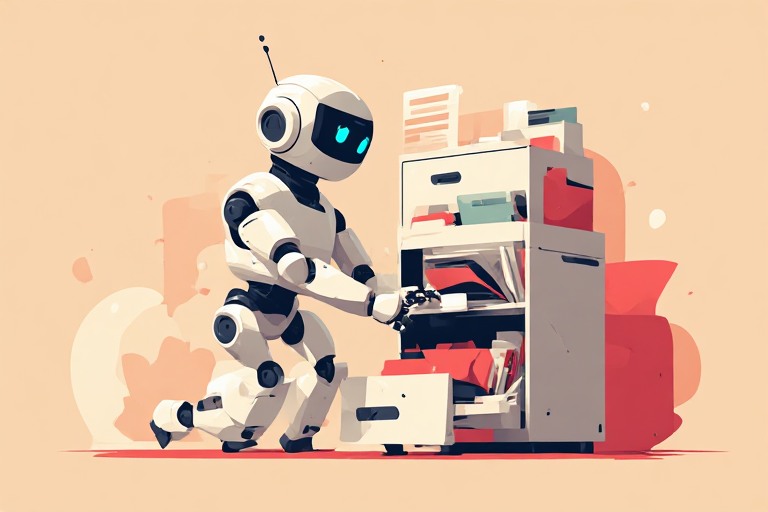 flat editorial vector illustration of a small robot agent reaching into a filing cabinet shaped like a company building, coral accent on cream