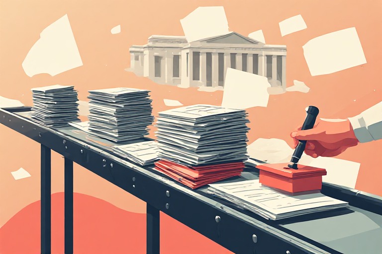 flat editorial vector illustration of a government building with documents flowing through an automated conveyor and a human hand stamping approval, coral accent on cream