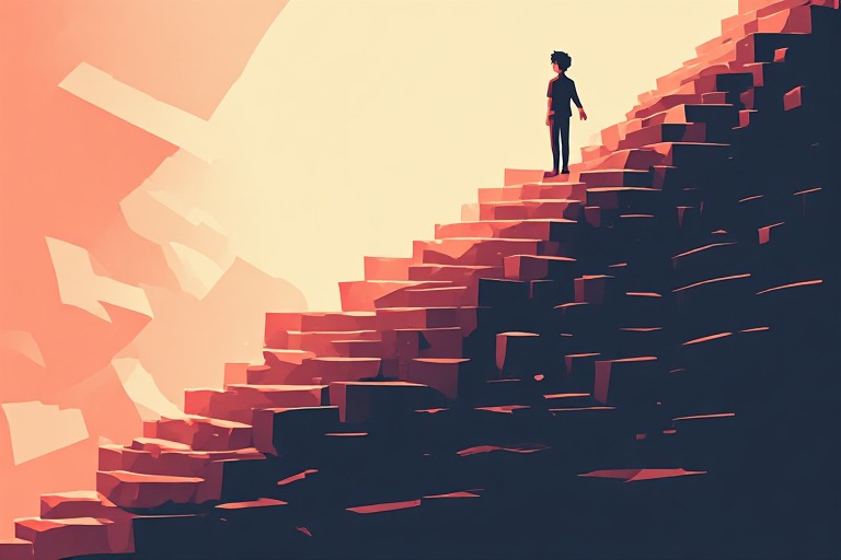 flat editorial vector illustration of an upward scaling staircase of stacked blocks with a speaker silhouette, coral accent on cream