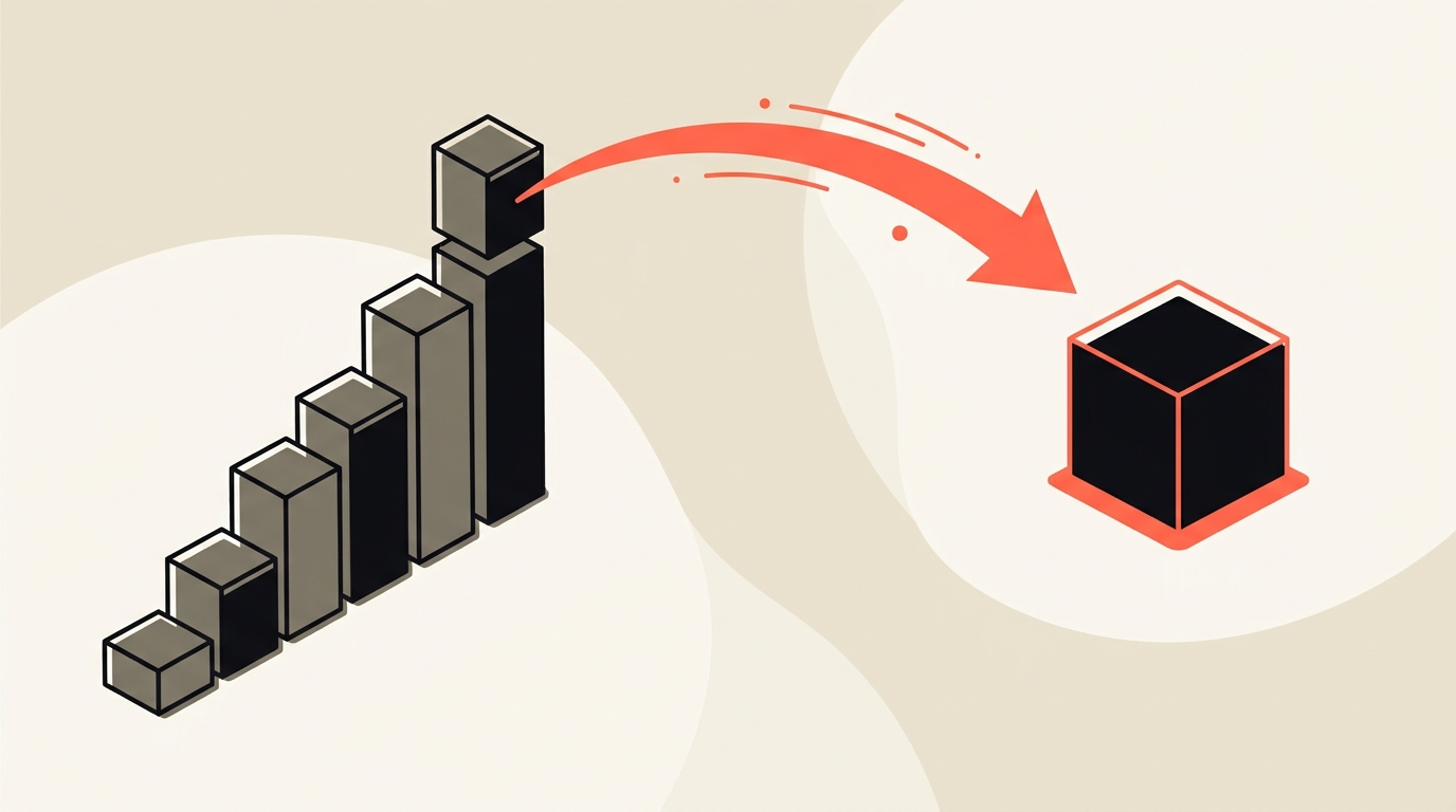 Flat editorial illustration of a leaderboard chart with a coral arrow turning away from rising token bars toward a single shipped result