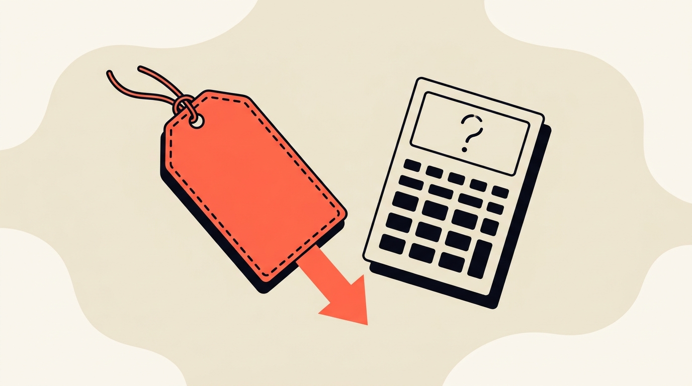 Flat editorial illustration of a falling coral price tag beside a question mark on a calculator, on a cream background
