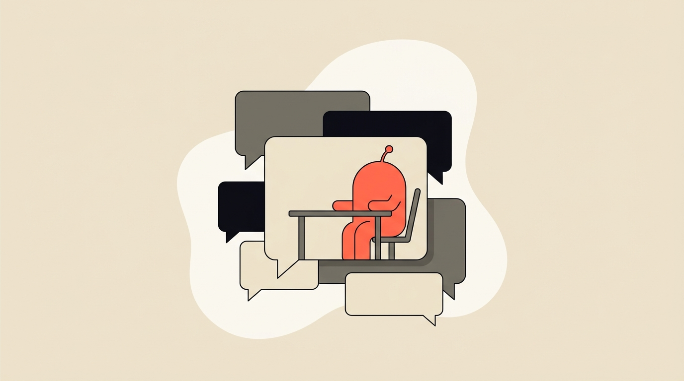 Flat editorial illustration of a coral chat tag symbol inside a Slack-style message thread as a seated teammate