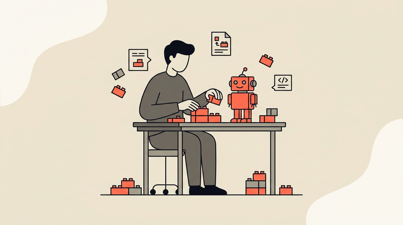 Flat editorial illustration of a non-technical worker assembling a small coral robot agent from simple building blocks