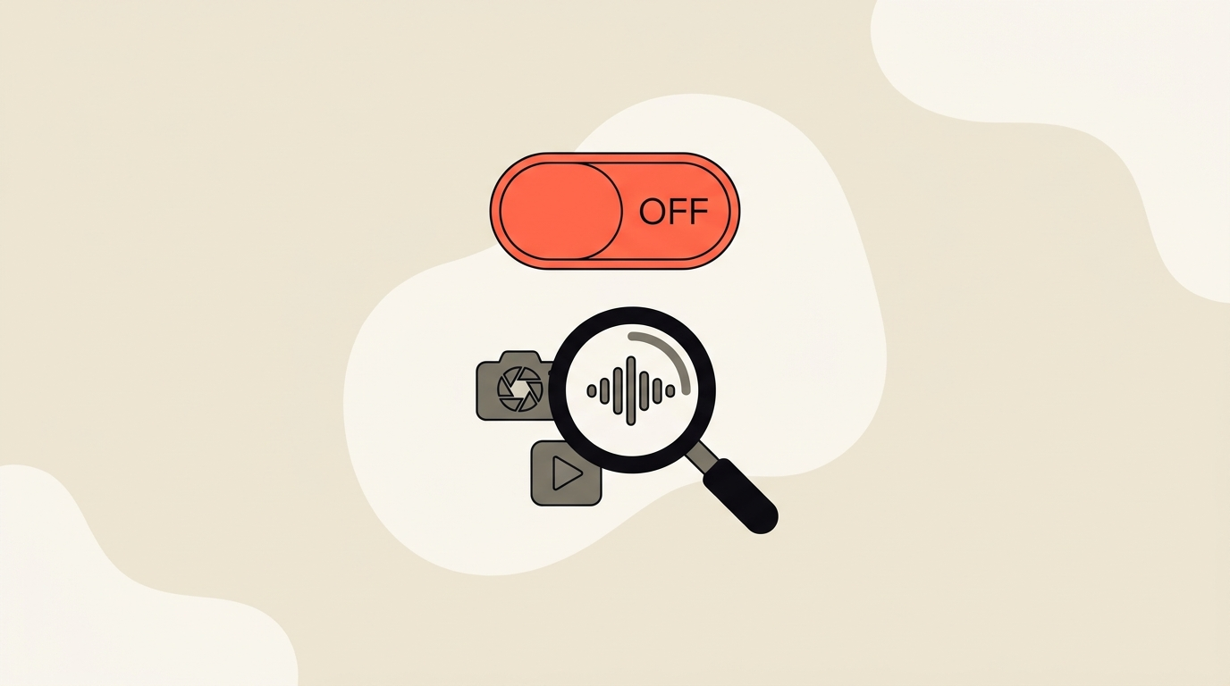 Flat editorial illustration of a coral toggle switch turning off above a magnifying glass and media icons on a cream background