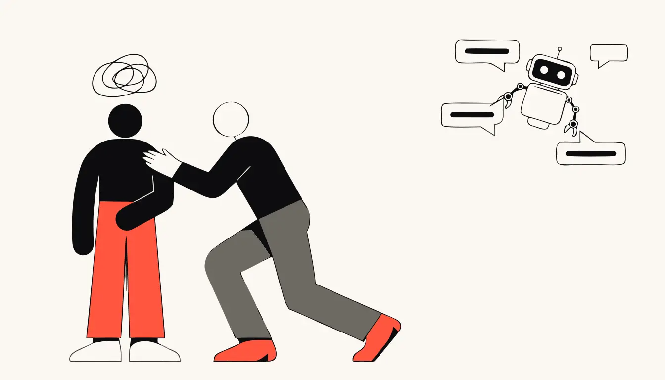 A human agent stepping in to handle an upset customer while AI handles the simple chats