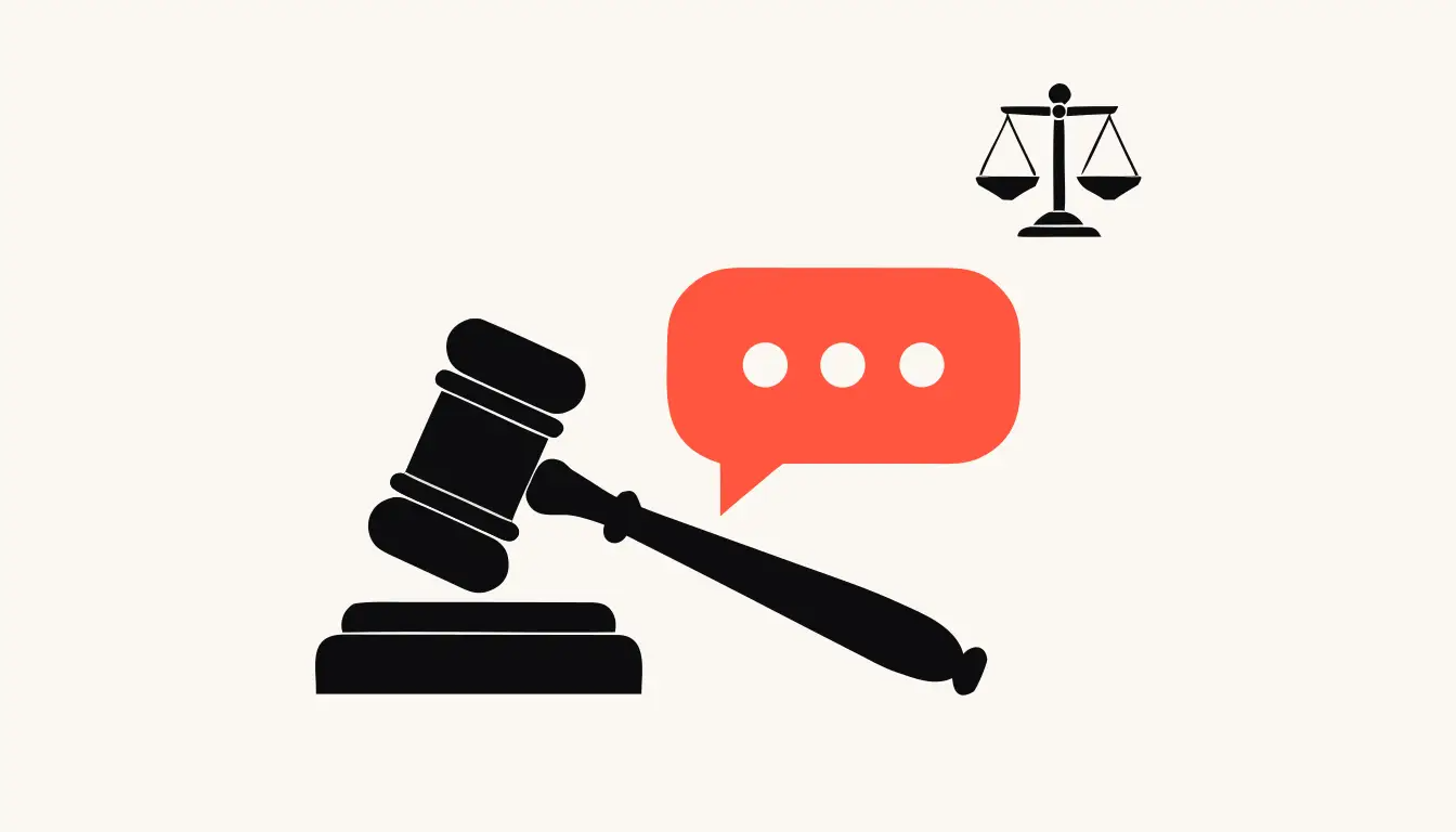 A gavel beside a chat bubble, showing a business held liable for its chatbot's wrong answer