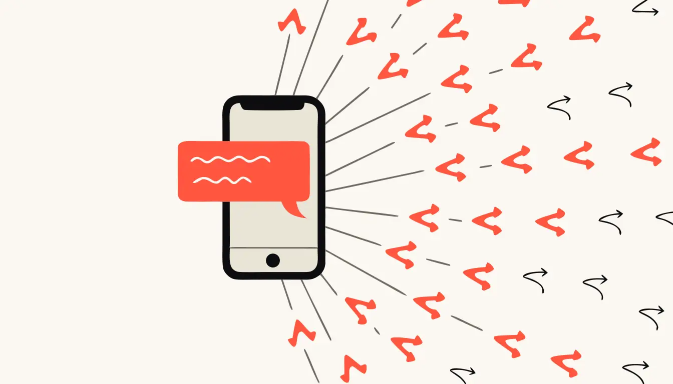 A chatbot speech bubble going off-script on a phone, spreading fast across social media