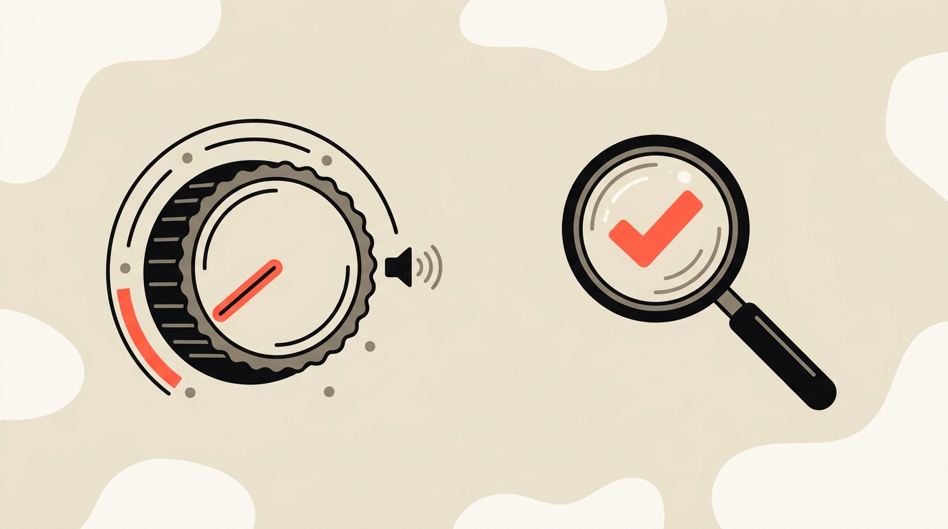 A volume dial being turned down on AI hype, with a magnifying glass over evidence