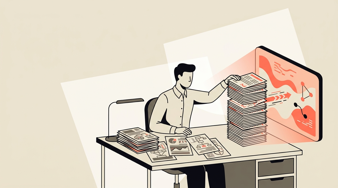 Cream and coral flat vector of an office worker passing a pile of repetitive paperwork to an AI screen while keeping the complex tasks on the desk