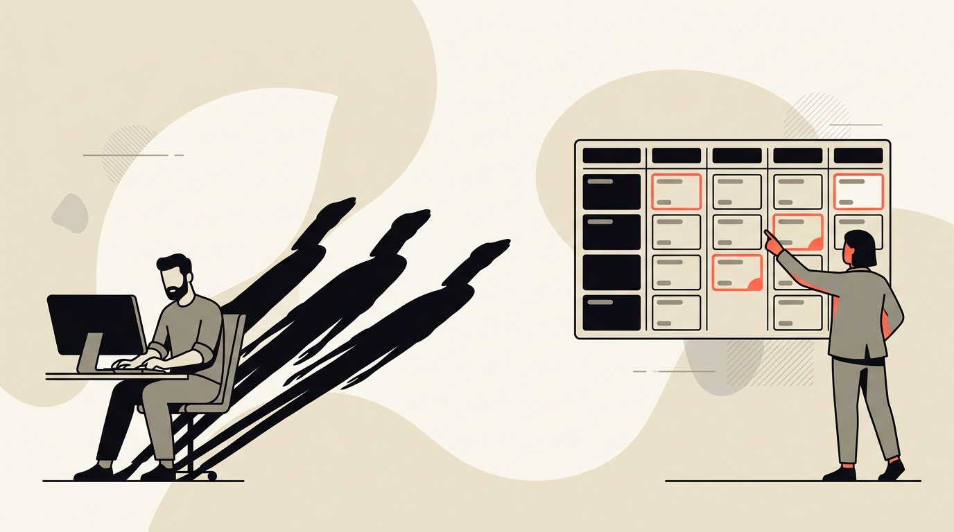 Cream and coral flat vector of a single engineer figure casting three long shadows while a product manager points at a roadmap board