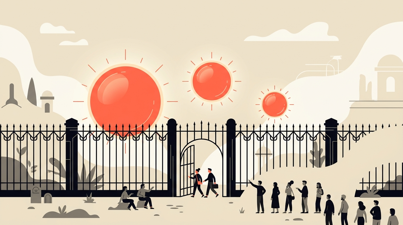 Cream and coral flat vector of three glowing AI model orbs behind a gated barrier with only a few figures allowed through the gate