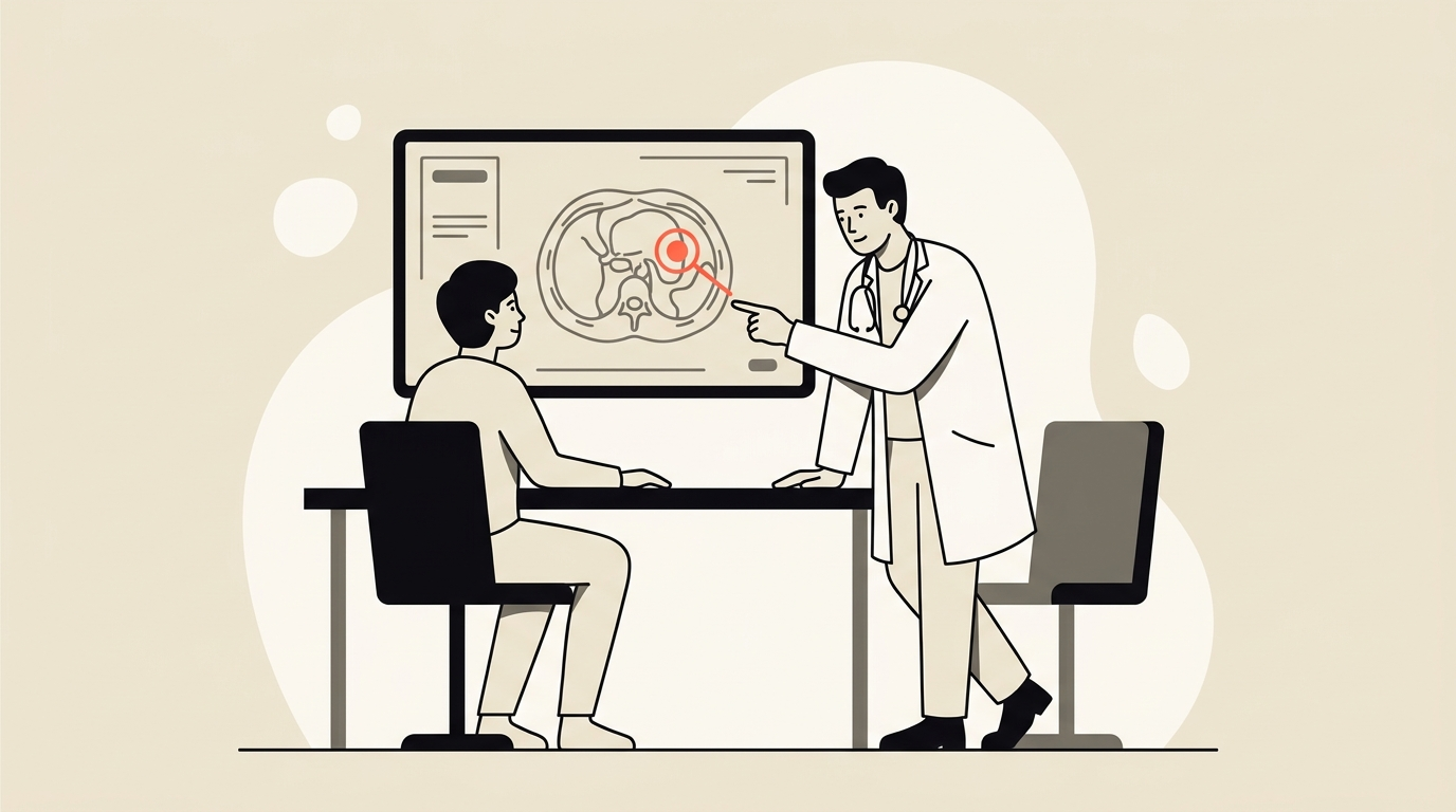 Cream and coral flat vector of a person reviewing a medical scan on a screen with an AI marker highlighting one detail and a doctor standing nearby