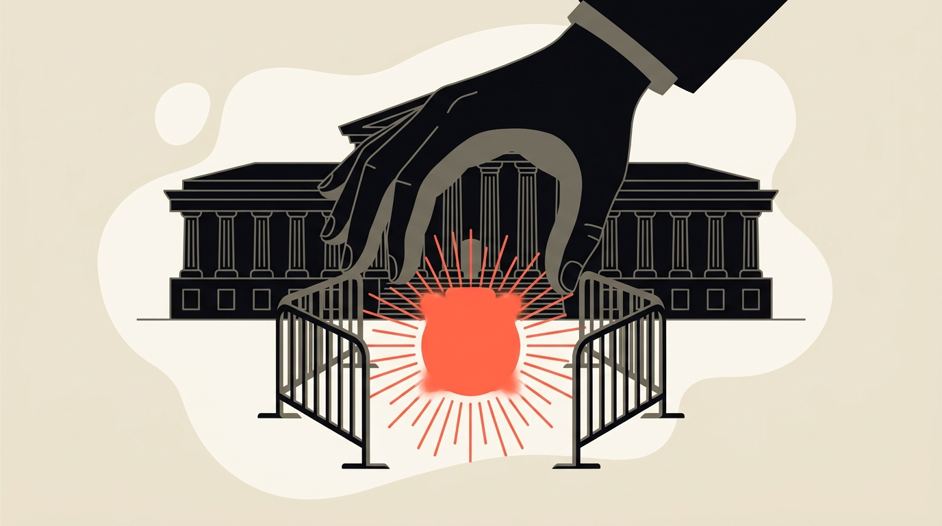 Cream and coral flat vector of a government building with a large hand placing protective guardrails around a glowing AI core