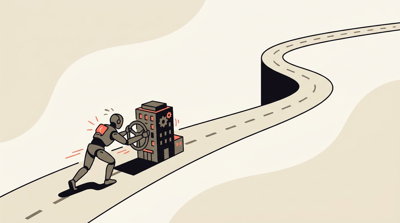 A robot struggling to steer a small company along a long winding road, representing AI failing a 500-day business survival test